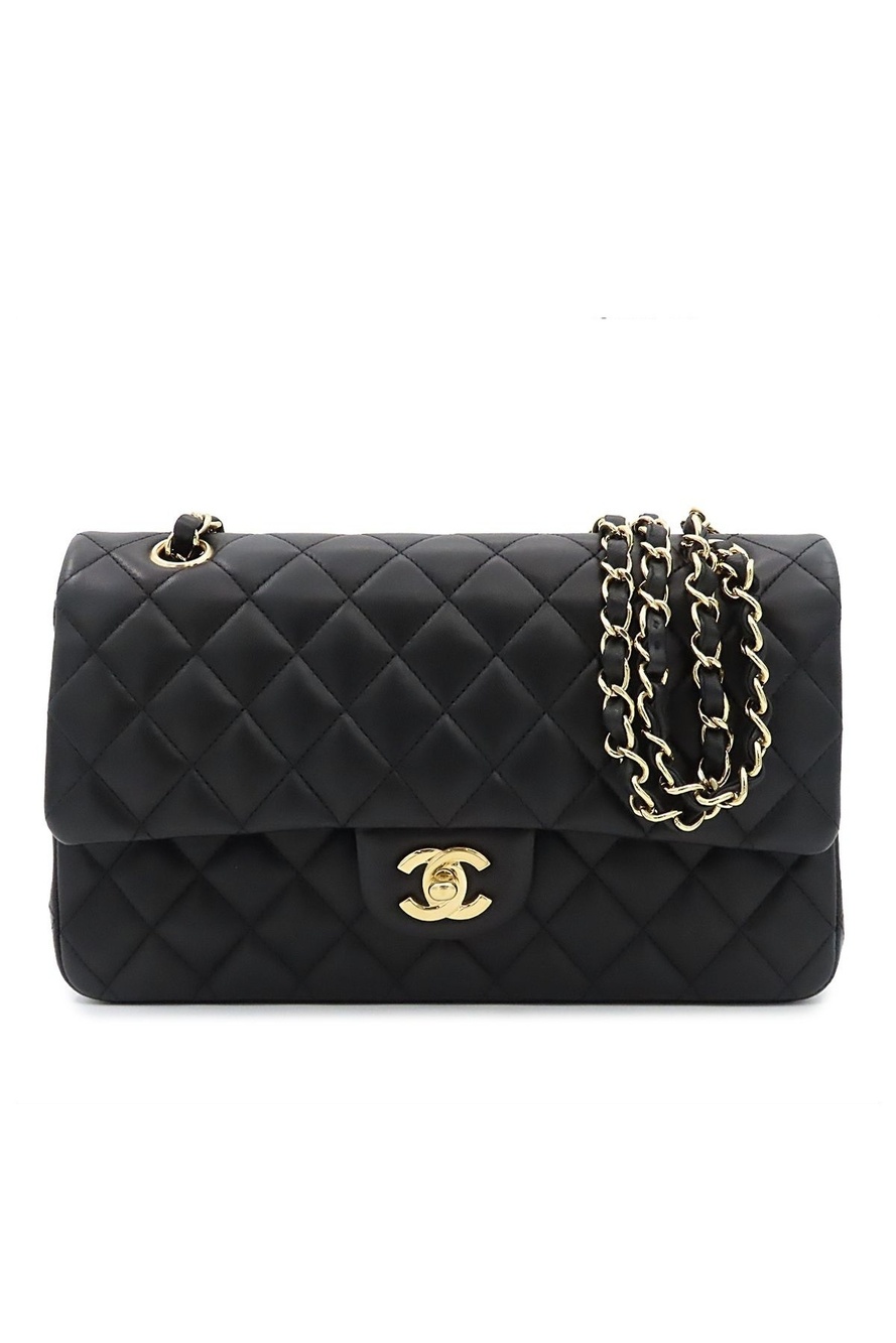 Chanel Shoulder Bag Black Gold Lambskin Quilted 25 Double Flap Chain